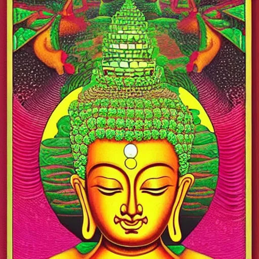 Prompt: the buddha as a DMT machine elf by “alex gray”