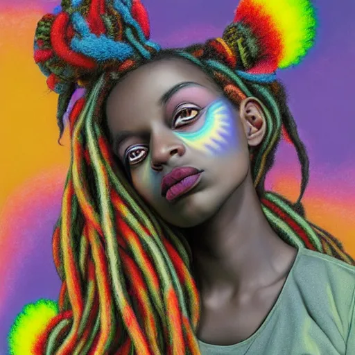 Image similar to a wide angle shot of a black girl with colorful dreadlocks in a field of candy, by Adi granov and afarin sajedi and amanda sage and evgeni gordiets and Agostino Arrivabene and adonna khare in a psychedelic portrait style, ultrarealistic matte painting, volumetric lighting, fractal, extremely symmetrical, highly detailed face, orisha, 8k, hd