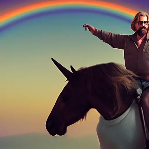 Image similar to big lebowski riding a unicorn, cinematic lighting, award winning photography