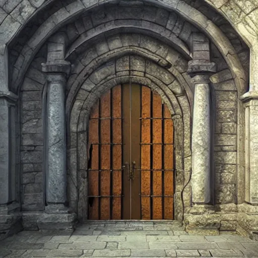 Image similar to beautiful matte painting of the grand ancient stone door, fantasy, sharp focus