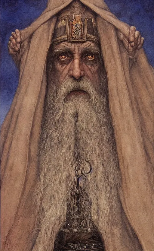 Image similar to the hierophant portrait by john howe, lord of the rings fantasy art, traditional painting, highly detailed