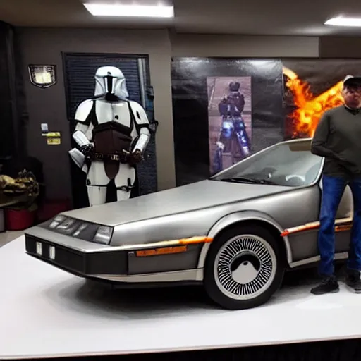 Image similar to the ( mandalorian ) standing next to a delorean