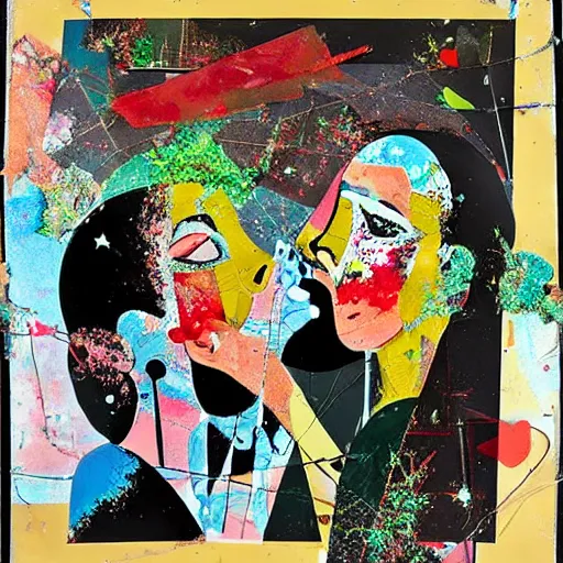 Image similar to two women kissing at a carnival in an alien world, mixed media collage, retro, paper collage, magazine collage, acrylic paint splatters, bauhaus, claymation, layered paper art, sapphic visual poetry expressing the utmost of desires by jackson pollock