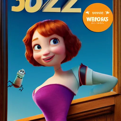 Image similar to 3 d render of christina hendricks as a pixar 2 0 2 2 movie poster, smooth, intricate, octane, reflects, ultra detailed, sharp focus, symmetry