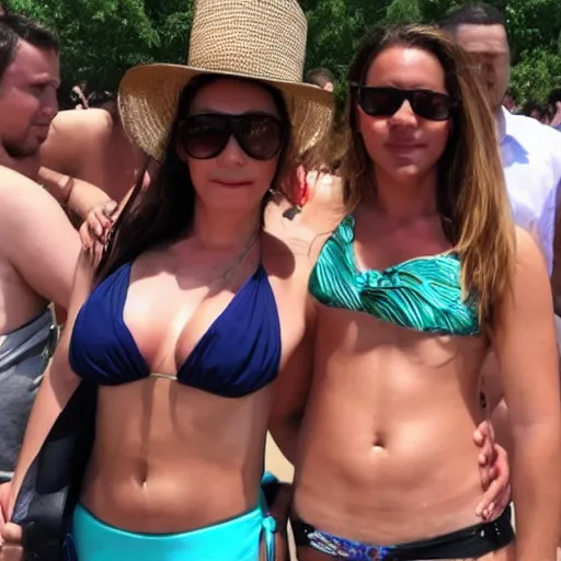 Prompt: photo of a 4 0 year old man that looks young for his age dating a very attractive 2 2 year old woman wearing a bikini. they at a rally.
