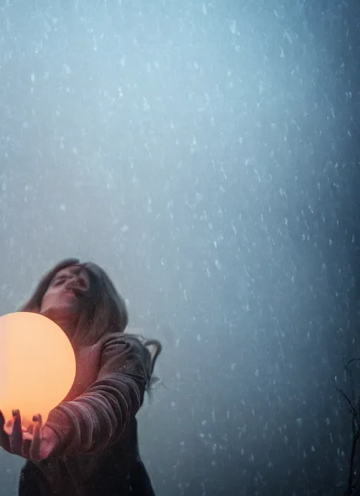 Prompt: the girl stretches out her hand to the glowing sphere, fog, rain, volumetric lighting, beautiful, mystique, golden hour, sharp focus, ultra detailed, jan urschel, dylan cole, marthe jonkers, james paick, thierry doizon, kai carpenter, ignacio fernandez rios, noir art house, 4 k, 3 5 mm, fujifilm