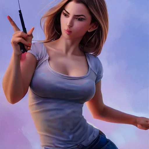 Image similar to a gourgeous female digital influencer in the style of stefan kostic, realistic, full body, sharp focus, 8 k high definition, insanely detailed, intricate, elegant, art by stanley lau and artgerm