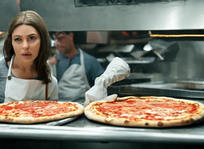 Image similar to film still of a dinosaur working in a pizza parlor making pizza in the new Avengers movie, 4k