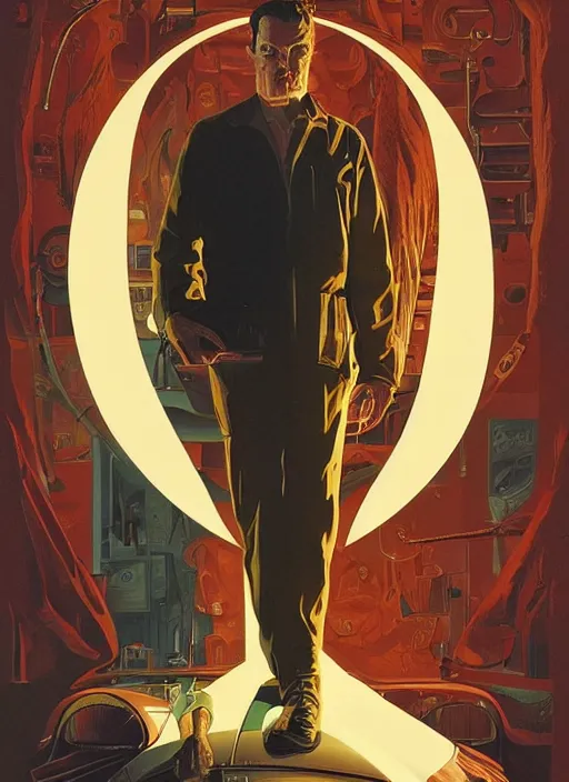 Prompt: poster artwork by Michael Whelan and Tomer Hanuka, Karol Bak of portrait of Michael Shannon!! the local mechanic clerk at the auto store, from Twin Peaks, clean, simple illustration, nostalgic, domestic, full of details