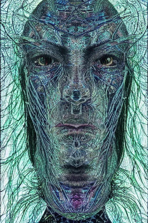 Image similar to beautiful dark portrait of one Bioluminescent old shaman, with cracked fractal semi-transparent skin. multicolored fish scales, closeup. long dark hair with insects and plant leaves. at night, realistic. intricate, very detailed, by alex grey and Moebius