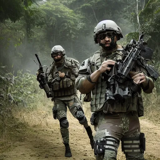 Image similar to Mercenary Special Forces soldiers in light grey uniforms with black armored vest and helmet escorting a VIP in the jungles of Tanoa, combat photography by Feng Zhu, highly detailed, excellent composition, cinematic concept art, dramatic lighting, trending on ArtStation