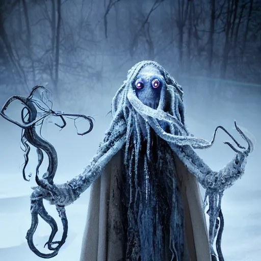 Prompt: a humanoid ethereal ghost like live action muppet wraith like figure with a squid like parasite as its head and four long tentacles for arms that flow gracefully at its sides like a cloak while it floats around a frozen rocky lake in the middle of the frozen woods searching for lost souls and that hides amongst the shadows in the trees, this character can control the snow and ice and has mastery of the shadows, it is known as the bringer of nightmares and the conqueror of the endless night terrors and staring too long can cause paralysis, it is a real muppet by sesame street surrounded by lost muppet souls, photo realistic, real, realistic, felt, stopmotion, photography, sesame street