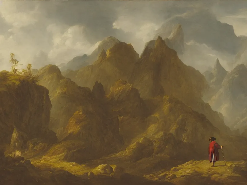 Prompt: a man in a cloak and a brimmed hat with a staff is wandering trough the mountains with a wooden cabin in the distance in the style of neo-romanticism