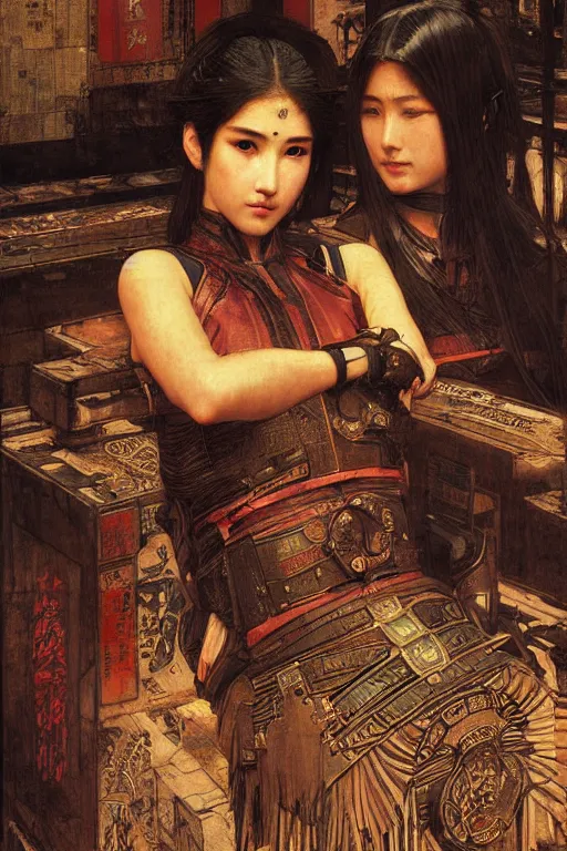 Image similar to cyberpunk ancient japanese city, orientalist intricate portrait by john william waterhouse and edwin longsden long and theodore ralli and nasreddine dinet, hyper realism, dramatic lighting