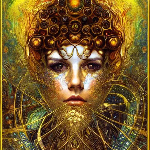 Image similar to Divine Chaos Engine by Karol Bak, Jean Deville, Gustav Klimt, and Vincent Van Gogh, beautiful visionary face portrait, sacred geometry, otherworldly, fractal structures, ornate gilded medieval icon, third eye, spirals