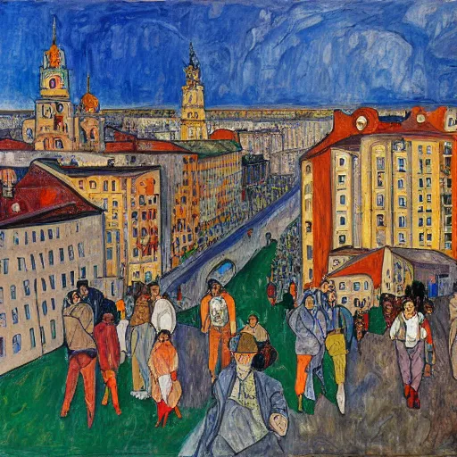 Prompt: Peoples of Minsk city painted in the style of Egon Schiele, natural light, 2022