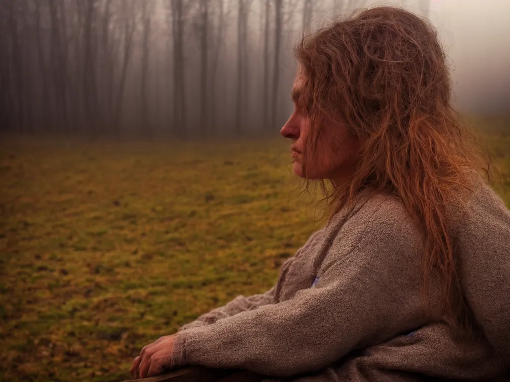 Image similar to close up portrait bust of woman sitting on fence, tired expression, faded color film, russian cinema, tarkovsky, technicolor, heavy forest, wood cabin in distance, shallow depth of field, long brown hair, old clothing, heavy fog, atmospheric haze, brown color palette, sunset, low light, hudson river school, 4 k, dramatic lighting