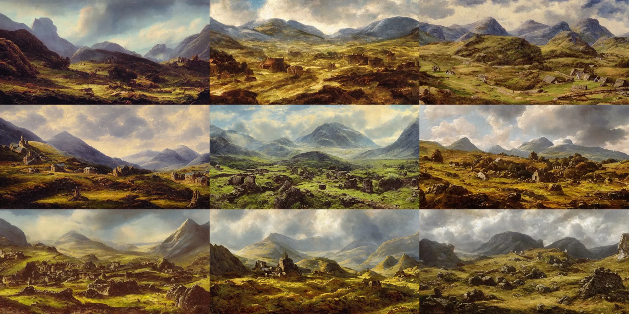 Prompt: landscape of ancient scotland during the age of the celtic picts with a small celtic pict village fenced village during late antiquity. scottish mountains and hills, cloudy and mystical, epic painting