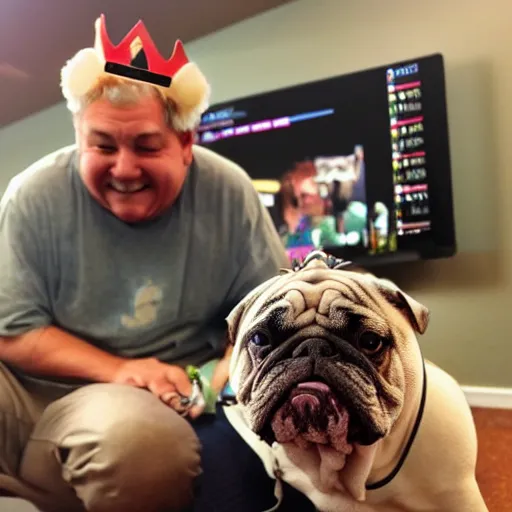 Prompt: Buddy the graying middle aged homeless man playing xbox and petting King Chales the english bulldog wearing a crown, dog wearing a crown