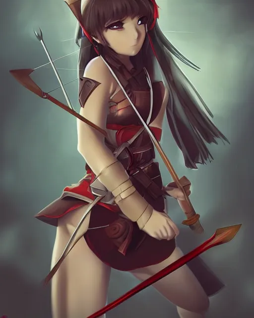 Image similar to anime girl with a bow and arrow, female archer, angry, warrior, artstation trending, concept art, digital painting