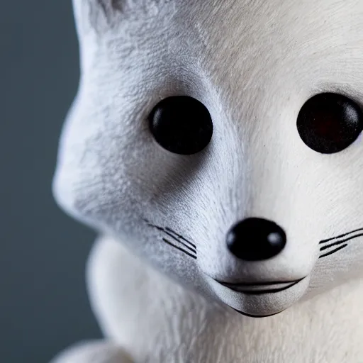 Prompt: close - up shot of a wooden handmade doll of a white fox, highly detailed, sharp focus, promo photo, by shaun tan,