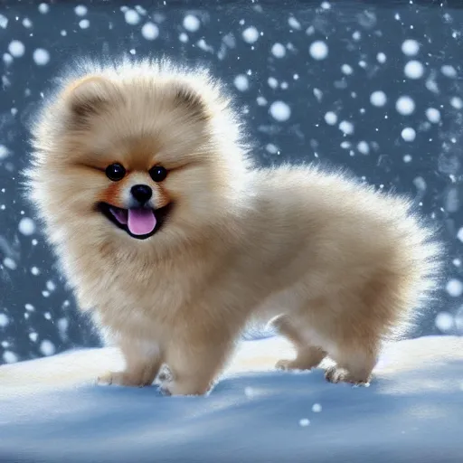 Prompt: cute fluffy pomeranian puppy sitting in snowy winter landscape detailed painting 4 k
