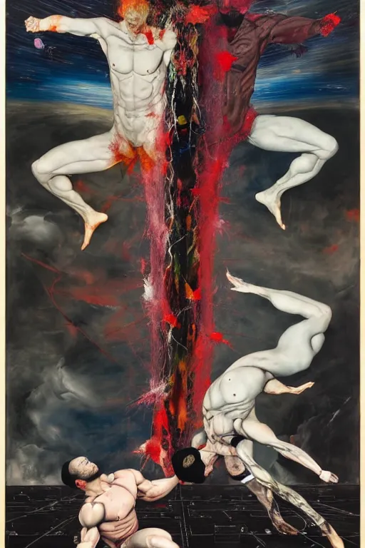 Prompt: two muscular men entwined, floating in space, zero gravity, inside a brutalist space ship, gothic, rich deep colours, painted by francis bacon, adrian ghenie, james jean and petra cortright, part by gerhard richter, part by takato yamamoto. 8 k masterpiece