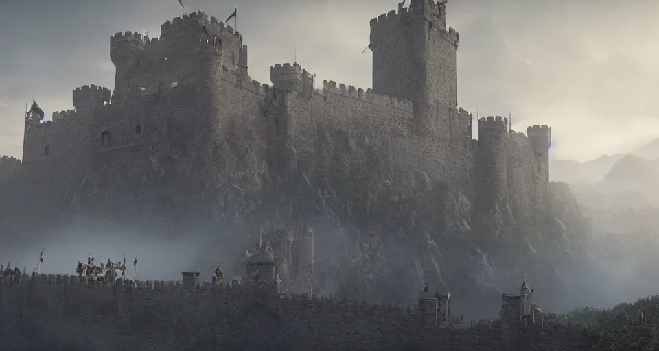 Image similar to ten medieval soldiers atop a castle wall looking over a vast medieval kingdom rule by an evil king. it is a quiet morning. mist, epic, cinematic, volumetric lighting, fantasy style, highly - detailed, unreal 5, realism