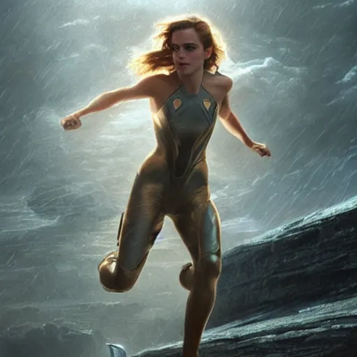 Image similar to a highly detailed matte portrait of emma watson dressed as seven of nine running through a thunderstorm, scifi by star trek, unreal engine, volumetric lighting, exquisite detail, 8 k, art by greg rutkowski and alphonse mucha