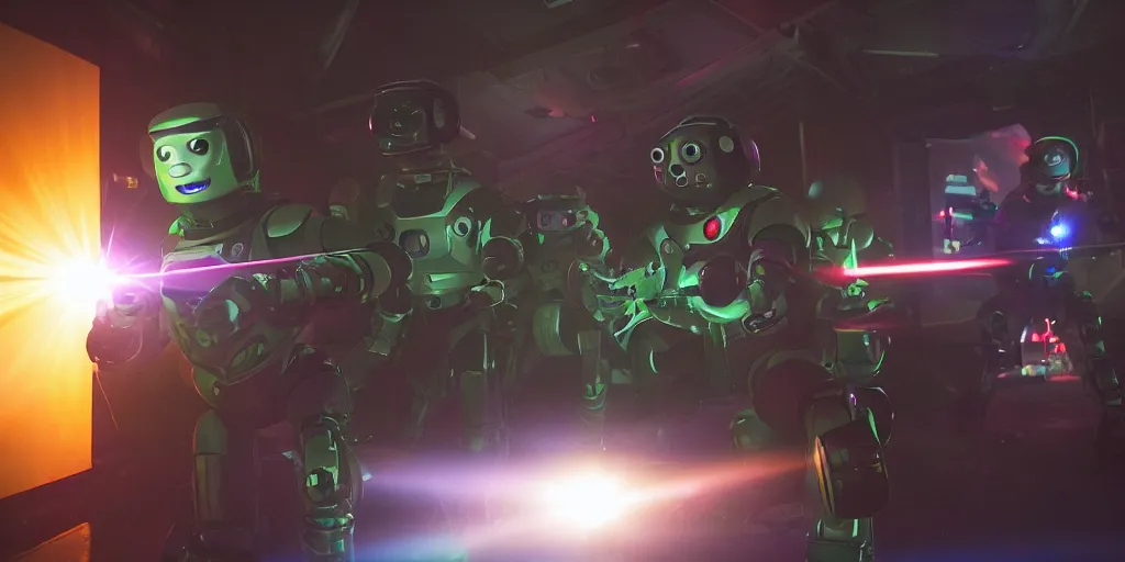 Prompt: a cinematic still of a laser tag game between robots, pixar monsters, and astronauts cinematography by Denis Villeneuve volumetric lighting