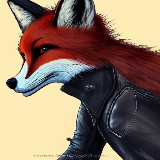 Image similar to A fox with a small head wearing a leather jacket and leather jeans and leather gloves, trending on FurAffinity, energetic, dynamic, digital art, highly detailed, FurAffinity, high quality, digital fantasy art, FurAffinity, favorite, character art