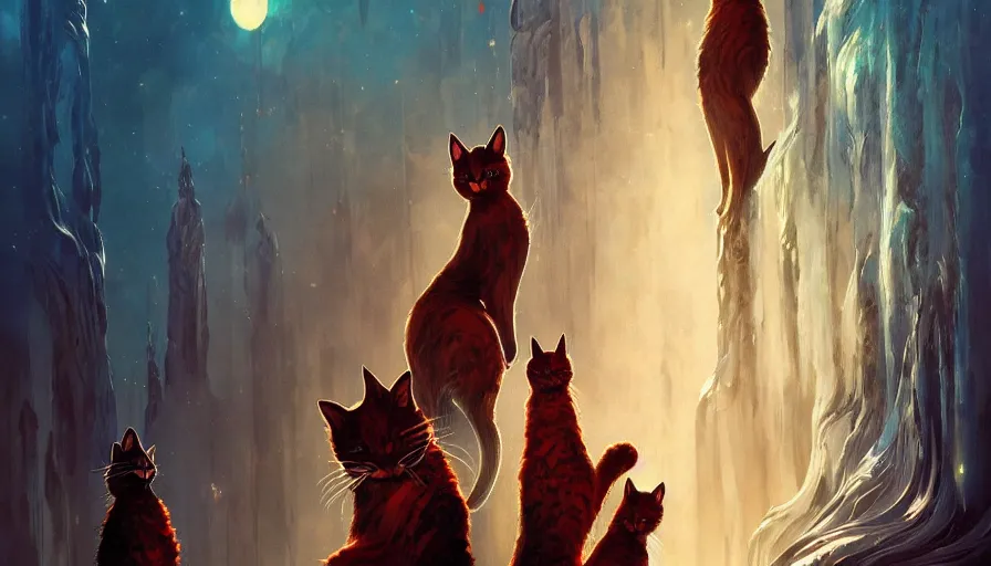 Image similar to artwork of really tall sitting cats by anato finnstark, by karol bak, by koda kazuma, brush strokes, 4 k resolution