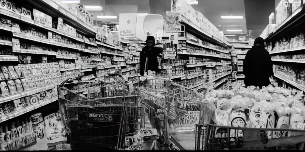 Prompt: Mothman at the grocery store buying milk , frightening, ghastly, photorealistic, old film, 35mm film, found film, scary, ominous, by bruce davidson, on hasselblaad