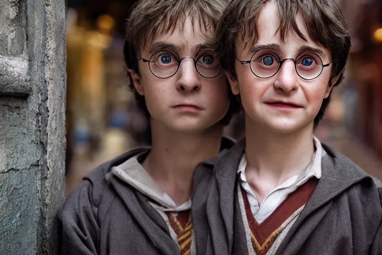 Image similar to closeup portrait Harry Potter in a diagon alley, by Steve McCurry and David Lazar, natural light, detailed face, CANON Eos C300, ƒ1.8, 35mm, 8K, medium-format print