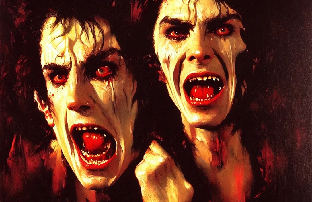 Image similar to portrait of 1 9 8 0's film vampire!!!!!!!!!!!!!!!!!!!!!!!!!!!, detailed face, detailed painting,, epic lighting, by ilya repin, phil hale and kent williams