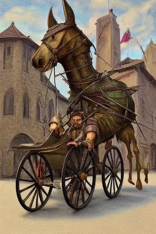 Image similar to ( ( ( ( ( ( ( a medieval chariot riding through town ) ) ) ) ) ) ) by chris mcgrath!!!!!!!!!!!!!! muted colors, detailed