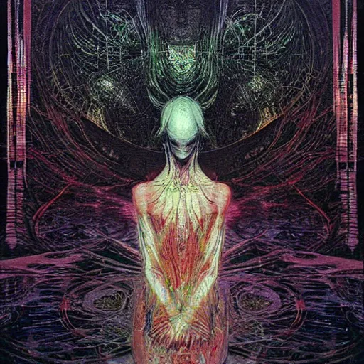 Prompt: simple concept art of an ancient alien floating in a dark room, an award winning yoshitaka amano digital art poster, by james gurney and gerhard richter. art by takato yamamoto. masterpiece, deep colours.