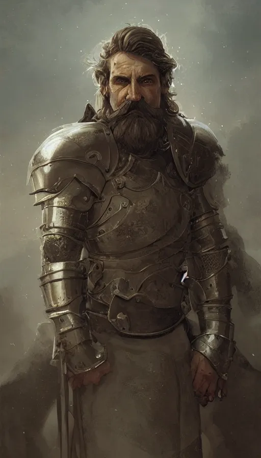 Image similar to Portrait of an old knight with a large moustache, male, detailed face, fantasy, highly detailed, cinematic lighting, digital art painting by greg rutkowski