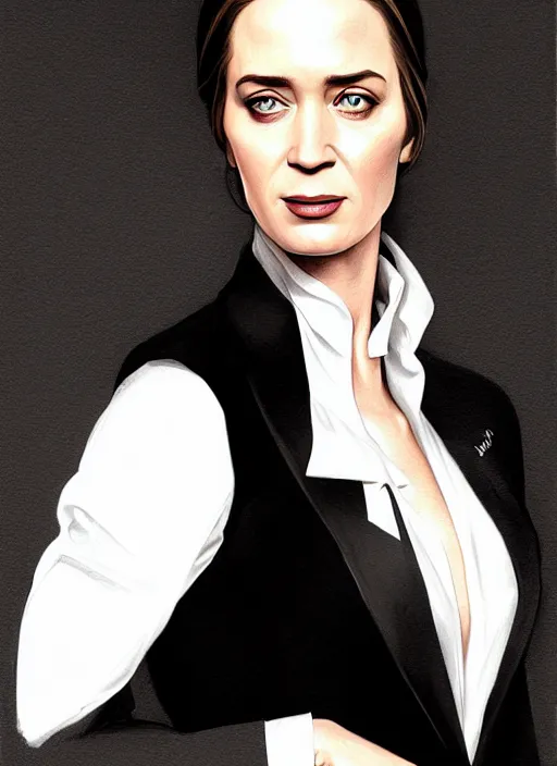 Image similar to portrait of emily blunt with cat eyes, as business woman, black suit, white shirt, black tie, intricate, headshot, highly detailed, digital painting, artstation, concept art, sharp focus, cinematic lighting, illustration, art by artgerm and greg rutkowski, alphonse mucha, cgsociety