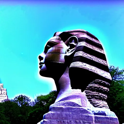 Prompt: sphinx head in central park new york drone footage shot on arri alexa flat light high detail blue sky s - log