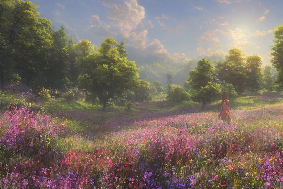 Prompt: Rendering of a scene with a meadow full of tall wild flowers, by Makoto Shinkai and Thomas Kinkade, fantasy matte painting, trending on cgsociety and unreal engine, peaceful, bright, volumetric lighting, highly detailed, super wide angle