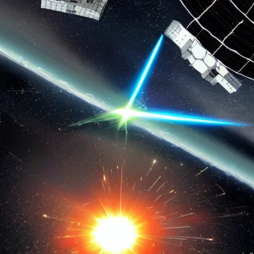 Prompt: Earth defenses 2350, space satellites, lasers firing, space station, missiles,weapons arrays, explosions, bright thin lasers, beautiful lighting