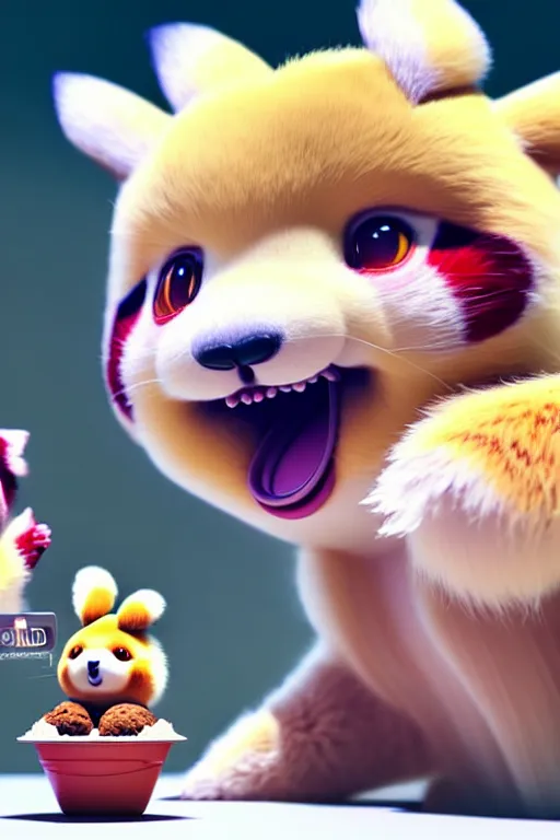 Prompt: high quality 3 d render hyperrealist very cute pastel fluffy red panda & koala hybrid eating giant ice cream, vray smooth, in the style of detective pikachu, hannah yata, very dramatic light, low angle, uhd 8 k, shallow depth or field