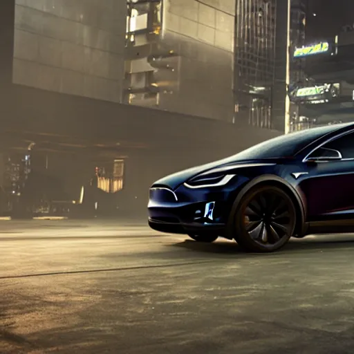 Image similar to tesla model x as an armored vehicle in a cyberpunk world