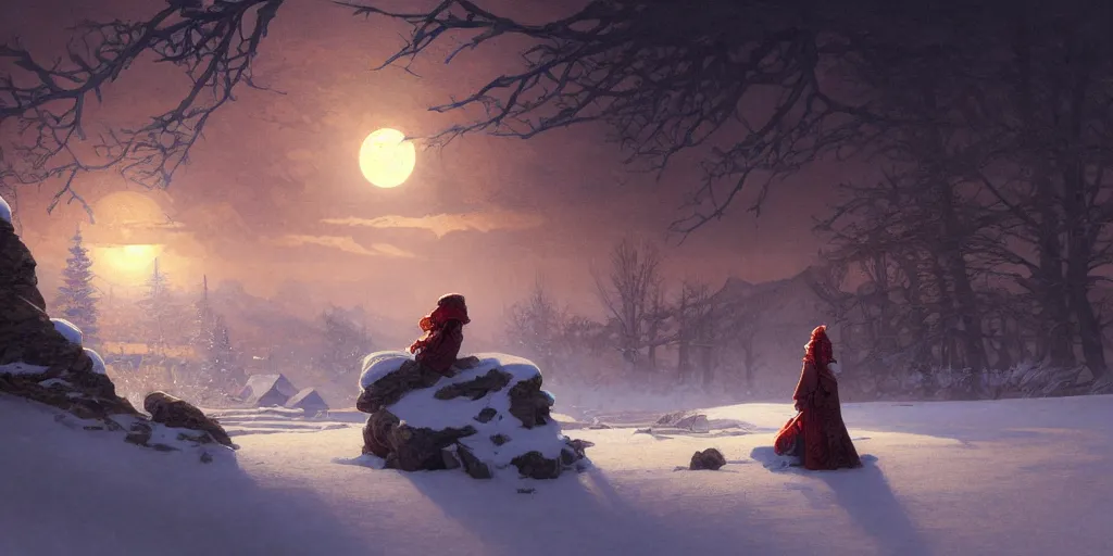 Prompt: painting a snowy landscape under the blood moon, decorated, intricate, elegant, highly detailed, digital painting, artstation, concept art, smooth, sharp focus, illustration, art by artgerm and greg rutkowski and alphonse mucha, 8 k