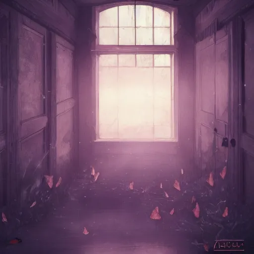 Prompt: this place is stuffy and filled with moths, are you sure this is were we are meant to be? this place is awfully creepy and the windows are fogged up., liminal space, trending on artstation