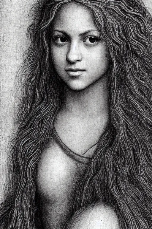 Image similar to a portrait of shakira in the style of leonardo da vinci drawing,, single head, no double head,