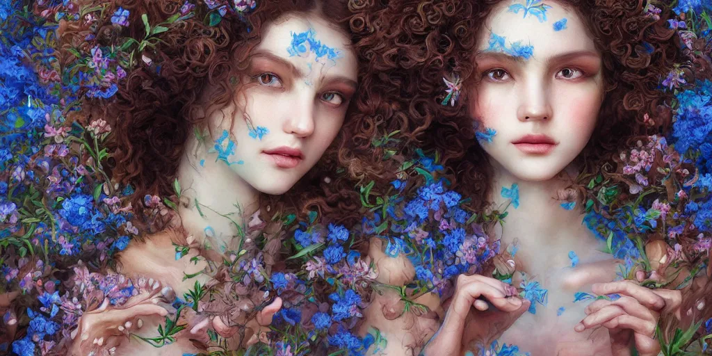 Prompt: breathtaking detailed concept art painting portrait of the hugs goddess of blue flowers, carroty curly hair, orthodox saint, with anxious piercing eyes, ornate background, amalgamation of leaves and flowers, by hsiao - ron cheng, extremely moody lighting, 8 k