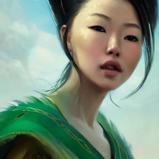 Image similar to portrait of a mongolian princess spreading its wings by greg rutkowski, she looks like an asian princess with beautiful green eyes, wearing a majestic dress, highly detailed portrait, scifi, digital painting, artstation, concept art, smooth, sharp foccus ilustration, artstation hq