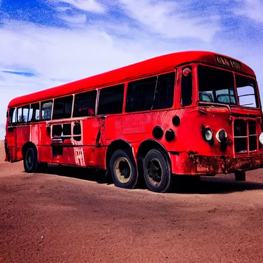 Prompt: photo of a red bus in desert, mad max fury road style